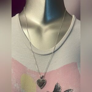 Sterling Marcacite Heart Necklace Box Link Chain 24"